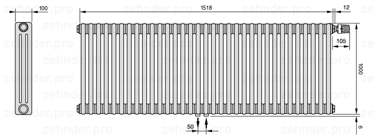 Схема (чертеж) Радиатор Zehnder Charleston 3100/33 №V008 Белый глянцевый RAL 9016
